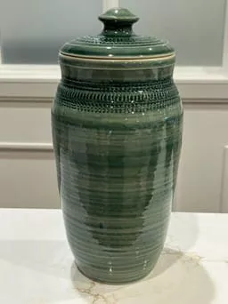 Green Porcelain Lidded Vase – 10” Handcrafted by Mike Teal